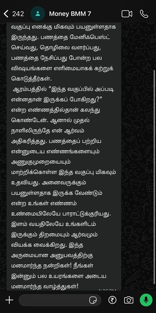 WhatsApp review from a Money Meditation student